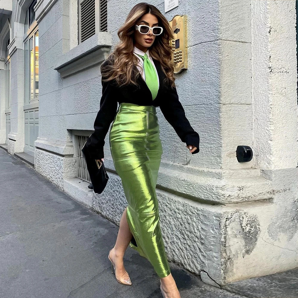 Sexy sparkly fenda luxo saias longas mulheres cintura alta metálico verde magro maxi saia verão elegante festa de aniversário roupas 240315