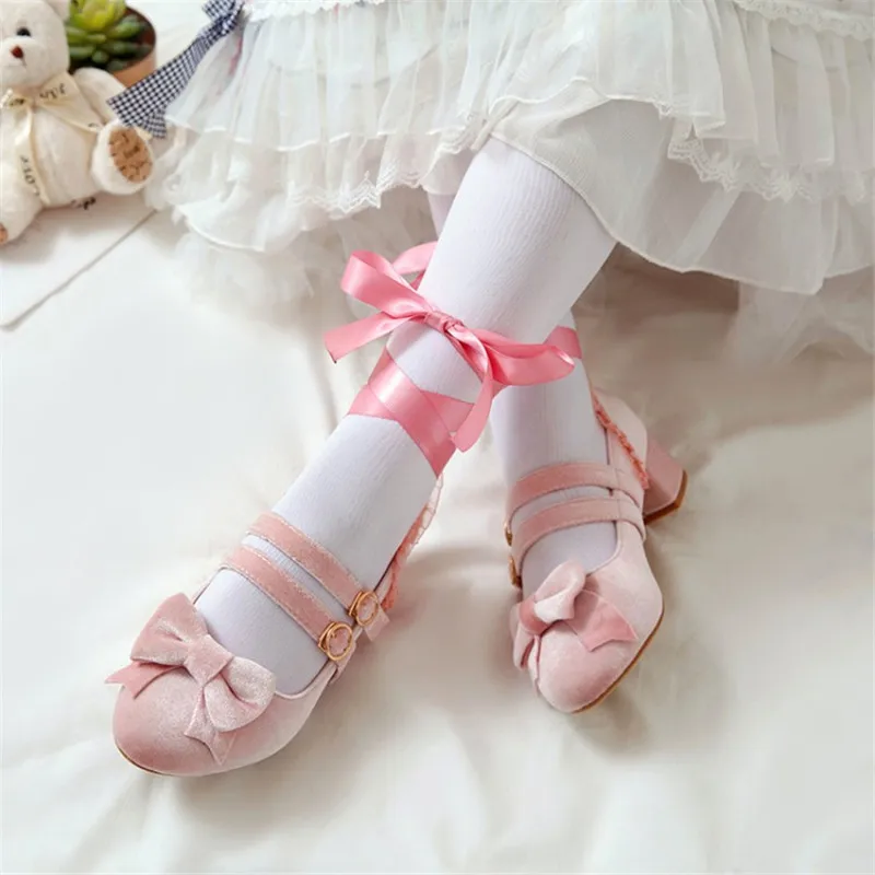 Pompe pxelena jk fata croce legata cosplay cosplay lolita scarpe mary janes butterflyknot velvet med heels pompe ragazze principessa 3443