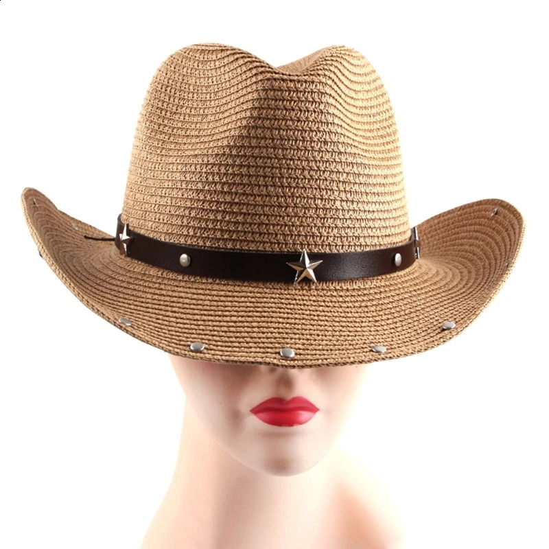 Vintage estrella remache paja tejido sombrero verano casual vaquero vaquera con ala enrollable mujeres hombres al aire libre transpirable playa gorra 240311