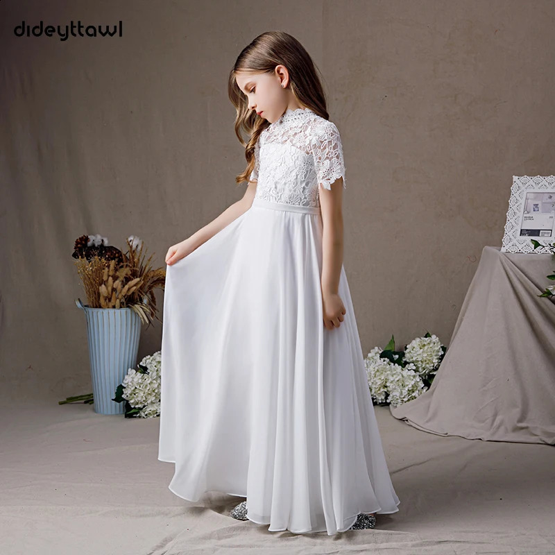 Dideyttawl White High Neck Chiffon First Communion Dresses 2024 Lace Short Sleeves Junior Bridesmaid Gown Concert Birthday Party 240309