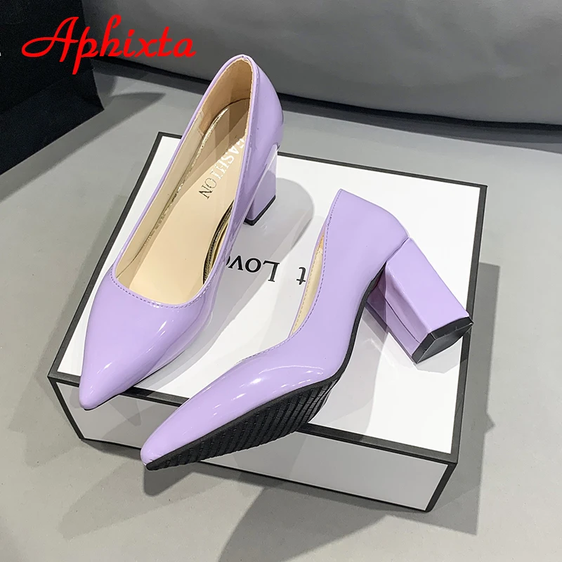 Boots Aphixta New 2.9Inch Pointed Tou Patent Leather Shoes Women Pumps Purple Colorful Thick Heels Work Pointed Toe Heels Plus Size 50