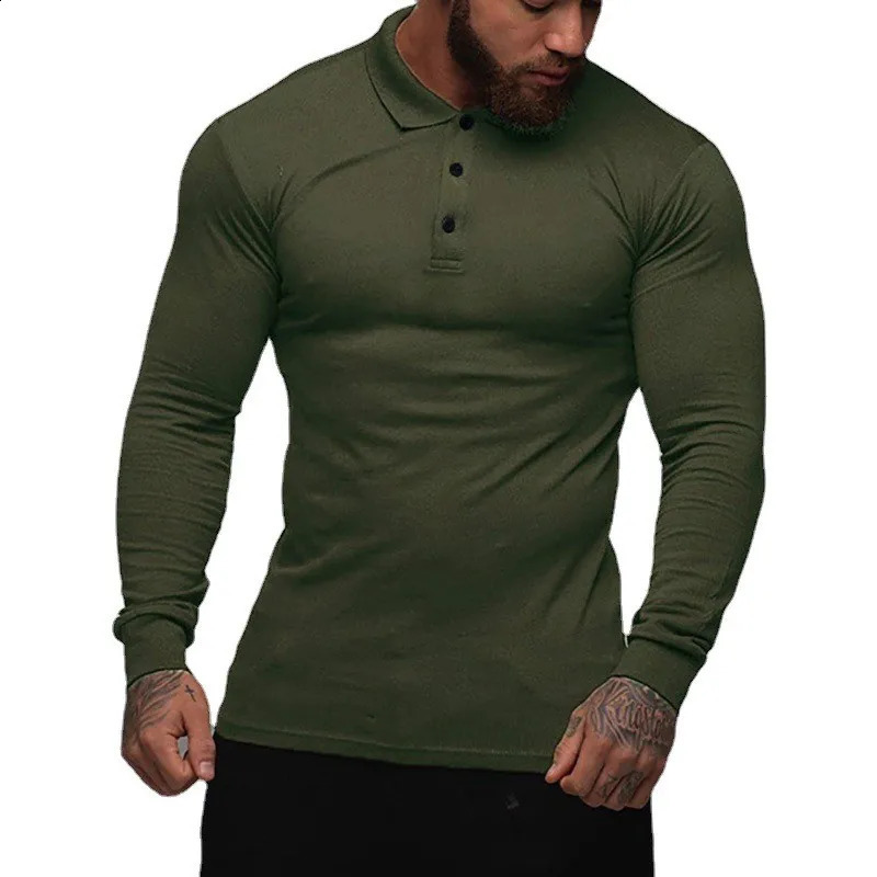 Модная осенняя спортивная рубашка-поло, мужская эластичная хлопковая спортивная одежда, весенняя повседневная поло с длинными рукавами, мужская дышащая футболка T 240308