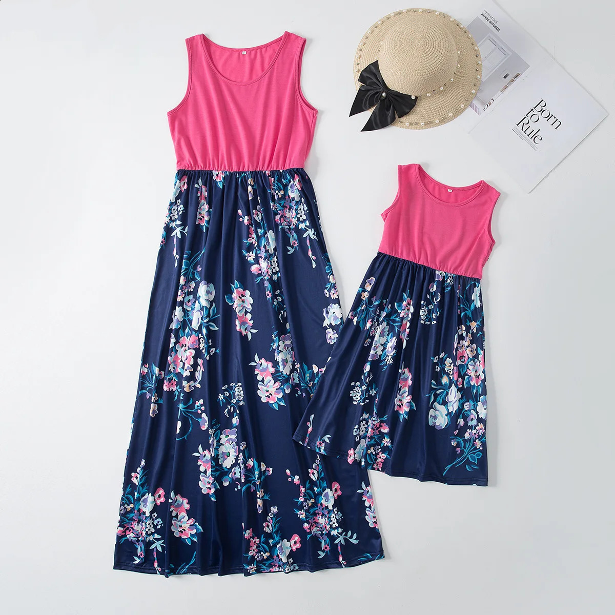 Mom And Daughter Dresses Sleeveless Printing Girl Summer Dress Matching Family Outfits Women Even Mother Kids Clothes 240315