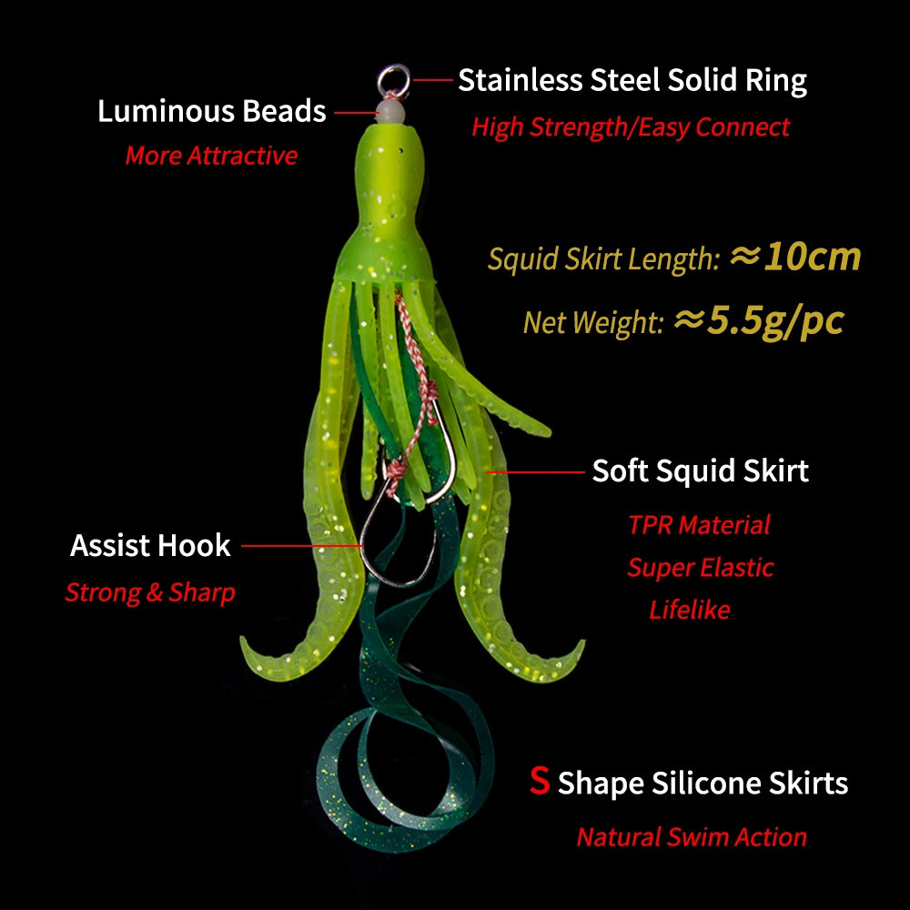 Elllv 10 Uds falda de calamar suave luminosa con gancho de asistencia Pesca en agua salada pargo Kabura Pesca Wobbler señuelo de Jigging 240312