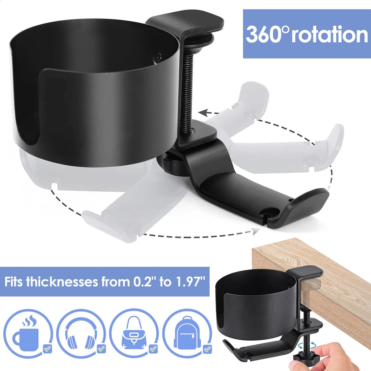 Desk Cup Holder 2 in 1 Desk Cup Holder with Headphone Hanger 360-Degree Rotation Adjustable Arm Clamp Headset Hook Bottle Holder 240307