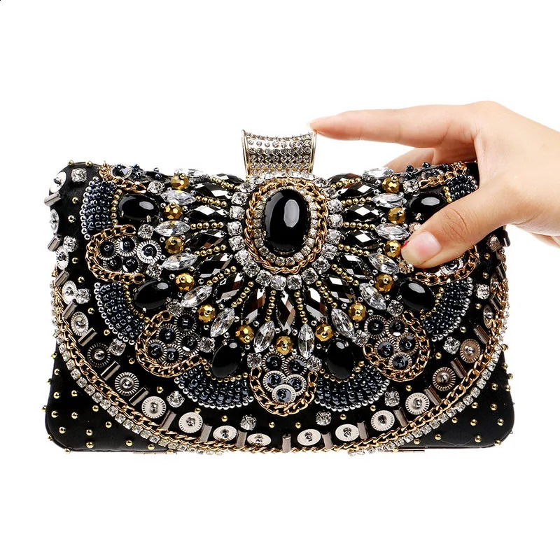 Vintage Women Black Beaded Evening Clutch Bags Ladies Box Metal Clutches Wedding Cocktail Party Handbags Purses 240402