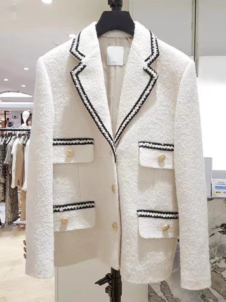 2024 otoño nuevo san dro borde tejido blanco un solo pecho traje de tweed grueso chaqueta de mujer Estilo de primavera