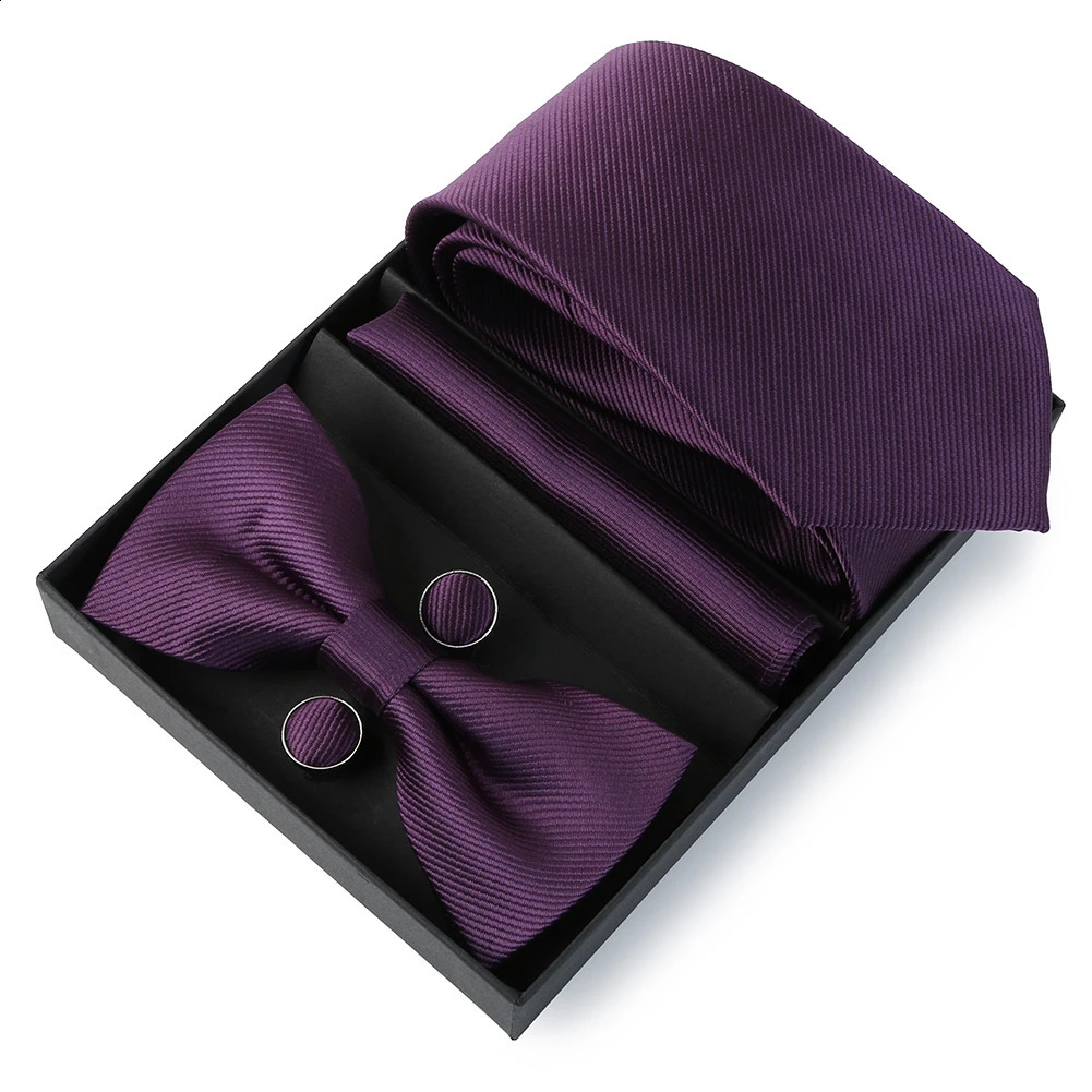 Tie Set For Men Necktie 7.5cm Solid Color Necktie For Men Luxury Suit Bowtie Pocket Square Cufflinks Bow Tie Wedding Gift Cravat 240315