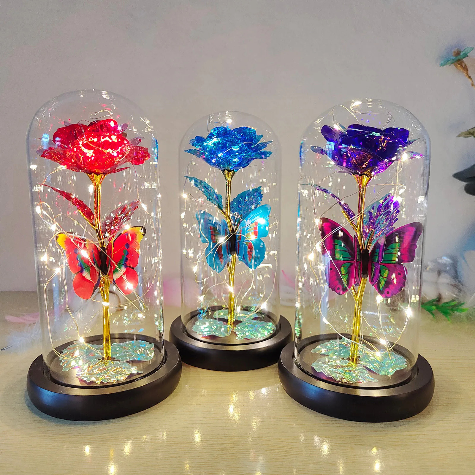 Lampe galaxie artificielle à lumière Rose, avec papillon et fleurs LED colorées en verre, alimentée par batterie, cadeaux pour femmes, 240314