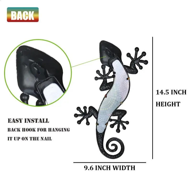 HONGLAND de 2 décorations murales en métal Gecko 38,1 cm Lézard Décoration extérieure à suspendre Sculpture en verre Décoration pour clôture de jardin Maison 240312