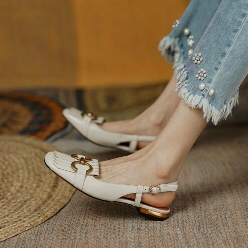 Vintage Slingbacks Fashion Square toe Tassel Fringe Leather Women Flats Shoes