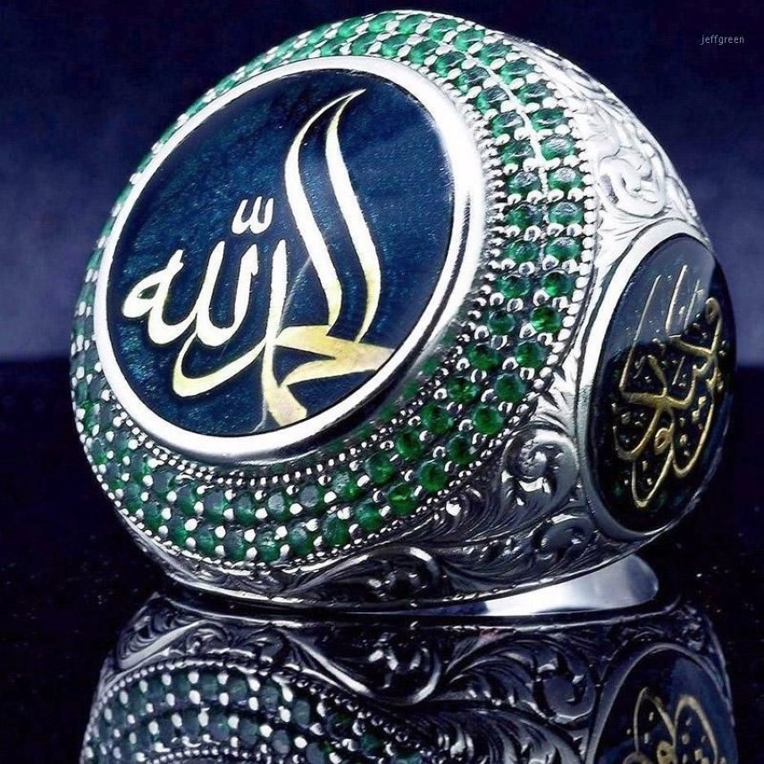 Vintage Islam Profet Muhammad Blue Crystal Ring Punk Saudi Star Turkish Ottoman CZ Statement Rings For Men Boho Muslim Jewelry12971