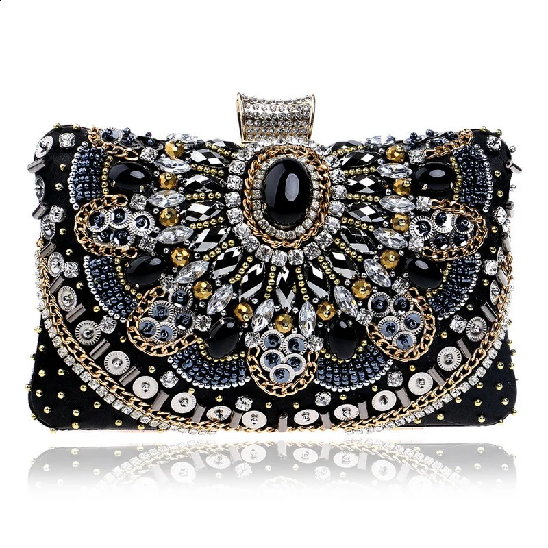 Vintage Women Black Beaded Evening Clutch Bags Ladies Box Metal Clutches Wedding Cocktail Party Handväskor Purses 240402