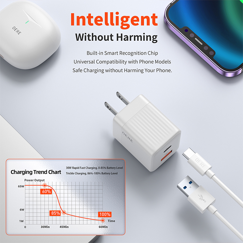 QERE 30W PD GaN Telefoon Universele Adapters US Plug Veilig Type C USB Intelligent Snel Opladen Mini Draagbare Snelle Oplader