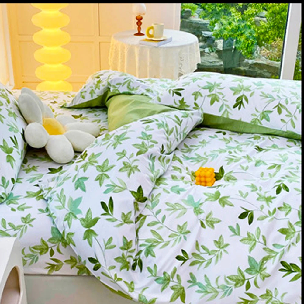 Set Green Flower Print Duvet Cover with Pillow Case Nordic Comforter Bedding Quilt QueenKing Double Bed 240306