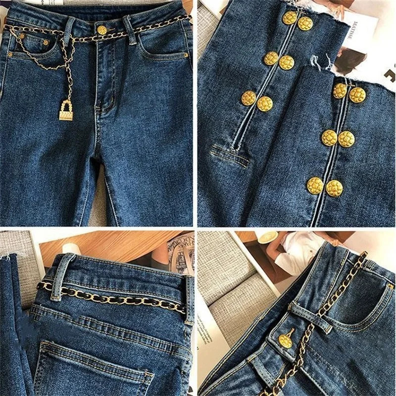 Guldmetallknapp Jeans Kvinnor Hög midja Löst Slim Chain Låsbälte byxor Pur bomullsull Fast färg Elastisk Beige Luxury 24 240315