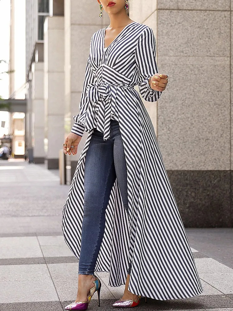 Modna Kobiet Stripe Bluzka z długimi rękawami w szpic maxi sukienka Tunik Maksi Sukienka Casual Tops Business Office damska sukienka 240314