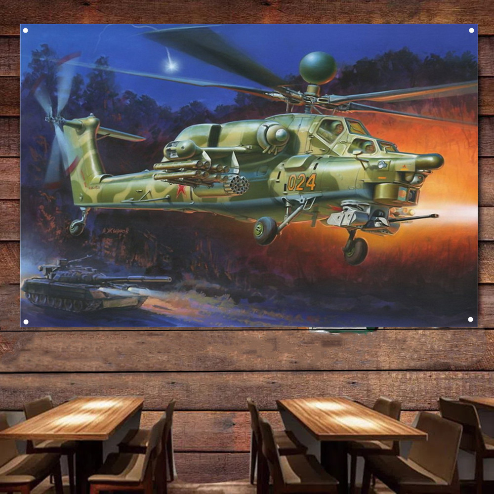 Sovjetunionen Attack Helicopter Affisch Wall Hanging Flag - Air Force Artwork As a Gift - Military Aviation Art Banner Canvas Målning Tapestry för rumskontor Väggdekor