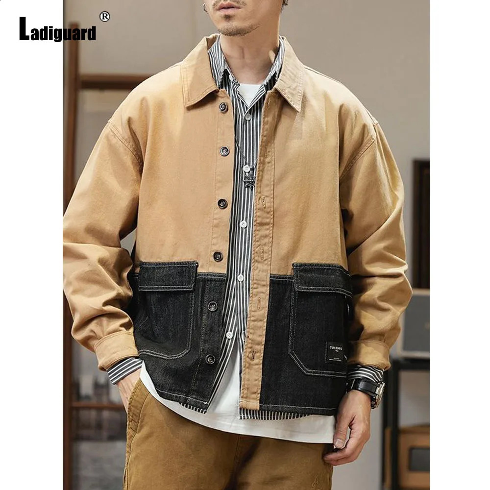 Ladiguard Patchwork Demin Jacket Plus Size 7xl Mens Casual Retro Jean Outerwear Korean Fashion Street Demin Jackets 240314