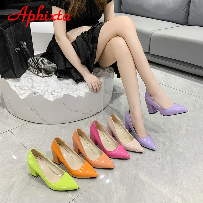 Boots Aphixta New 2.9Inch Pointed Tou Patent Leather Shoes Women Pumps Purple Colorful Thick Heels Work Pointed Toe Heels Plus Size 50
