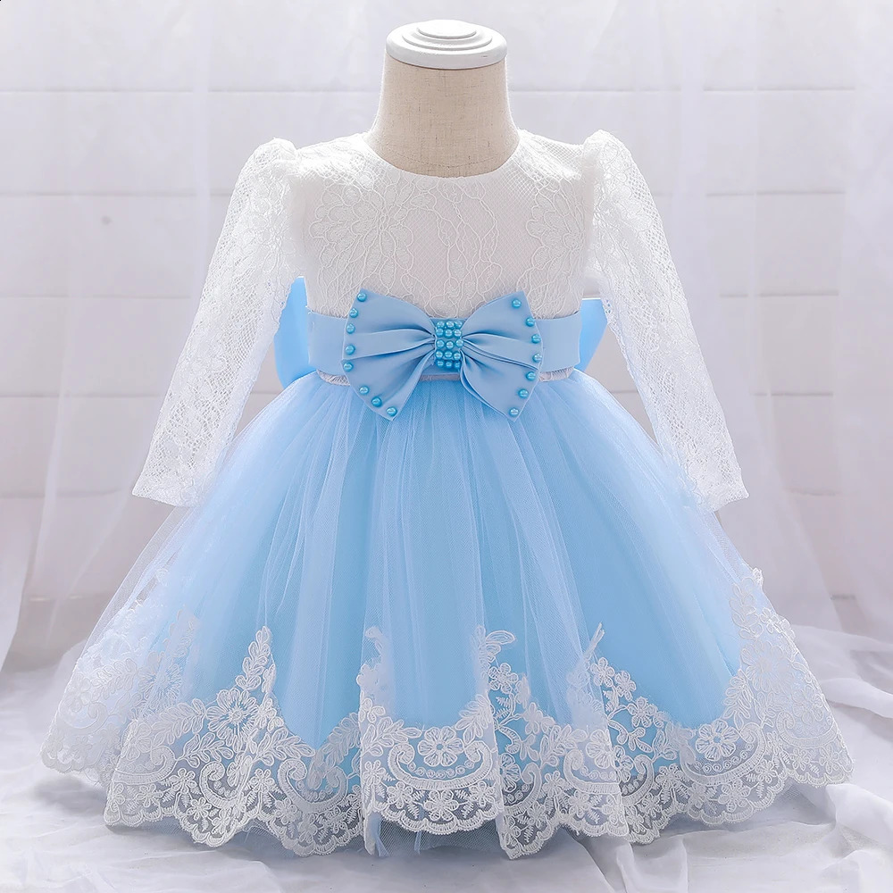 Baby Girls Dress Born Girl Long Sleeve Lace Party Wedding Dresses With Big Bow Infant Girl 1st Birthday Princess Dress 240307