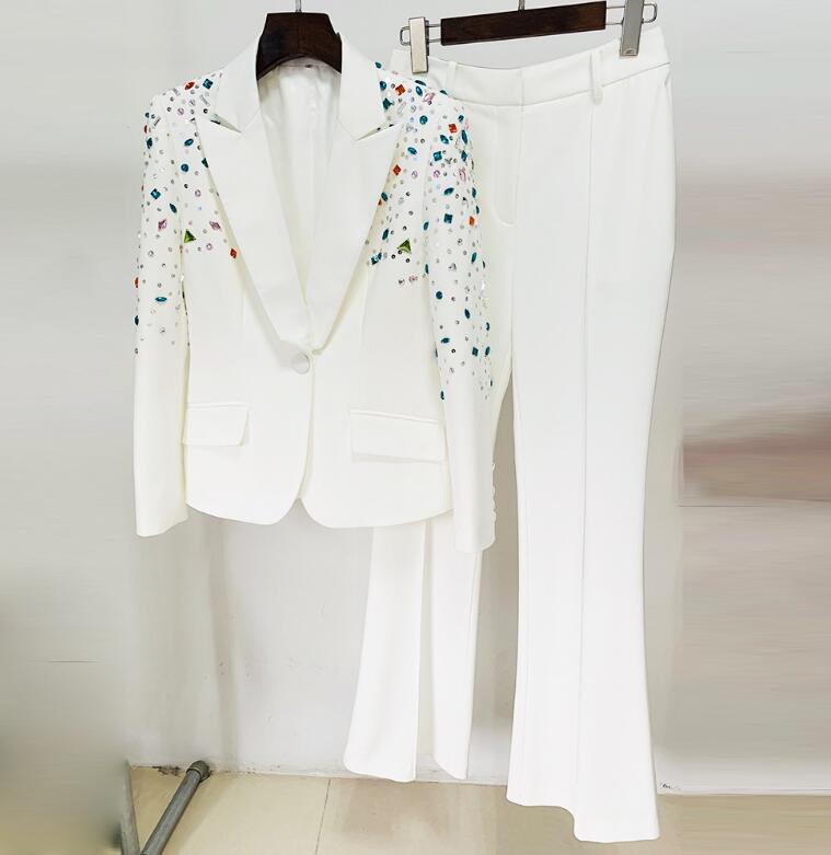 HIGH STREET Newest 2024 Designer Runway Fashion Suit Set Women's Slim Fitting Strass Diamonds Beaded Blazer Pants Set