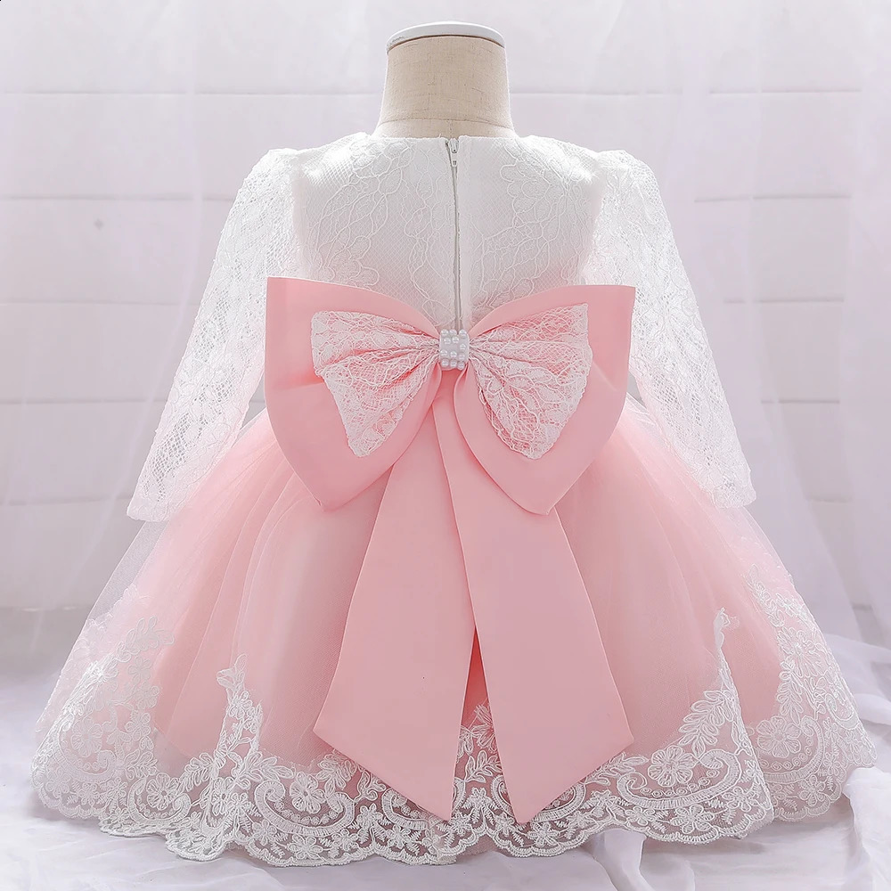 Baby Girls Dress Born Girl Long Sleeve Lace Party Wedding Dresses With Big Bow Infant Girl 1st Birthday Princess Dress 240307