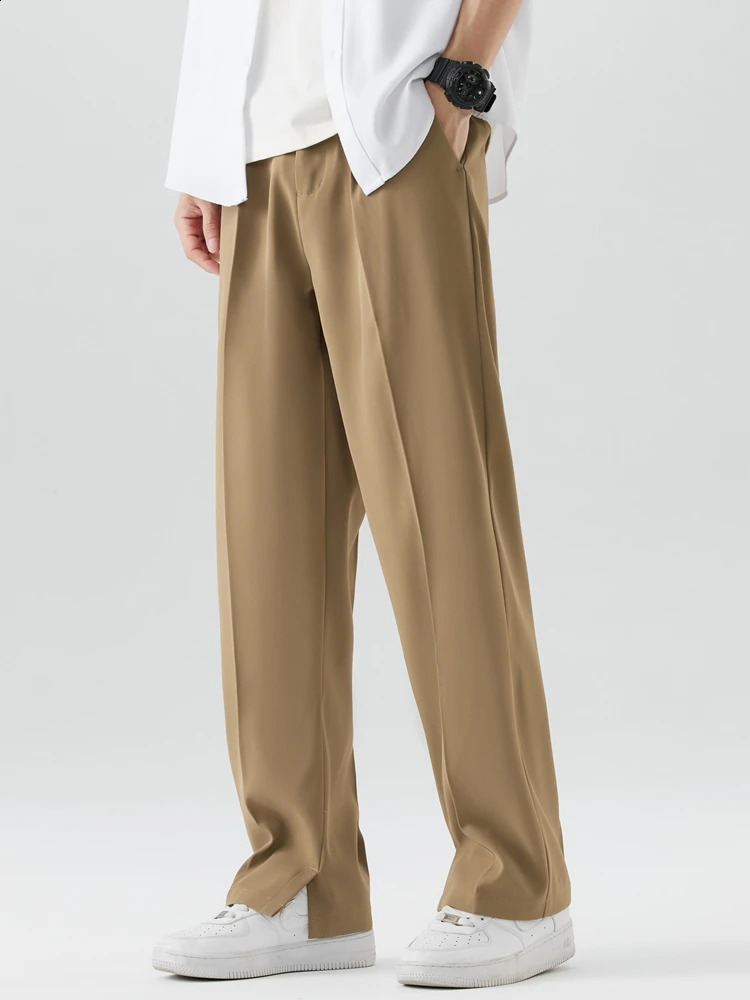 2023 Summer Casual Pants Men Breattable Polyester Korean Fashion Semiwide Banded midje Slacks raka löst draperibyxor 240314