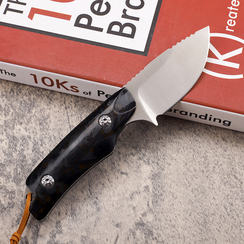 High End Straight Knife Fixed Blade Knife D2 Steel Satin Blade Carbon Fiber Handle Outdoor Survival Straight Hunting Knife & K Sheath