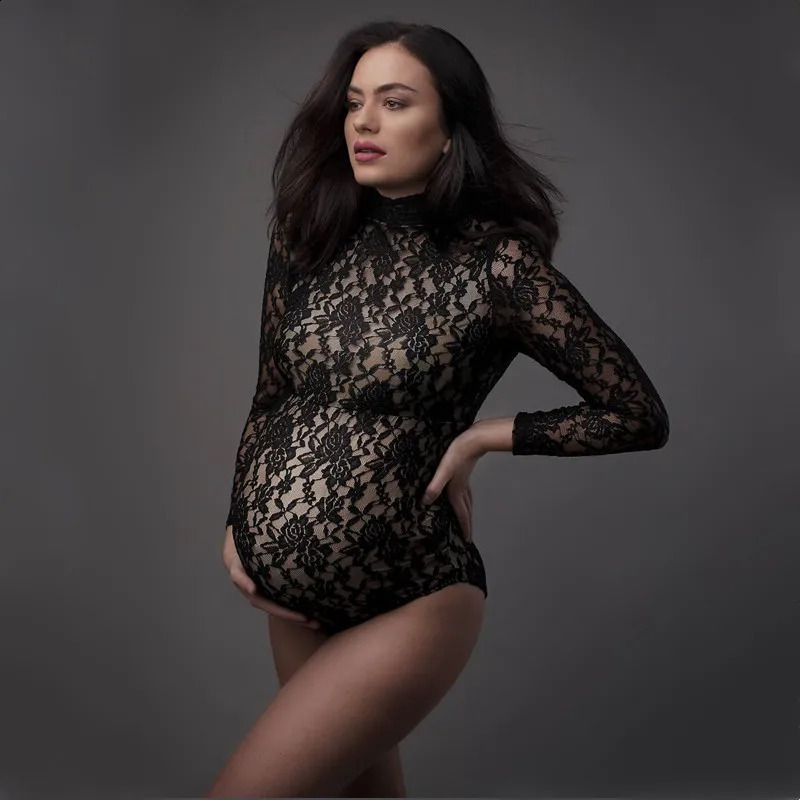 Se genom Lace Maternity Pography Props Jumpsuit Turtle Neck Stretchy Graviditet PO Shoot Bodysuit Långärmning 240301