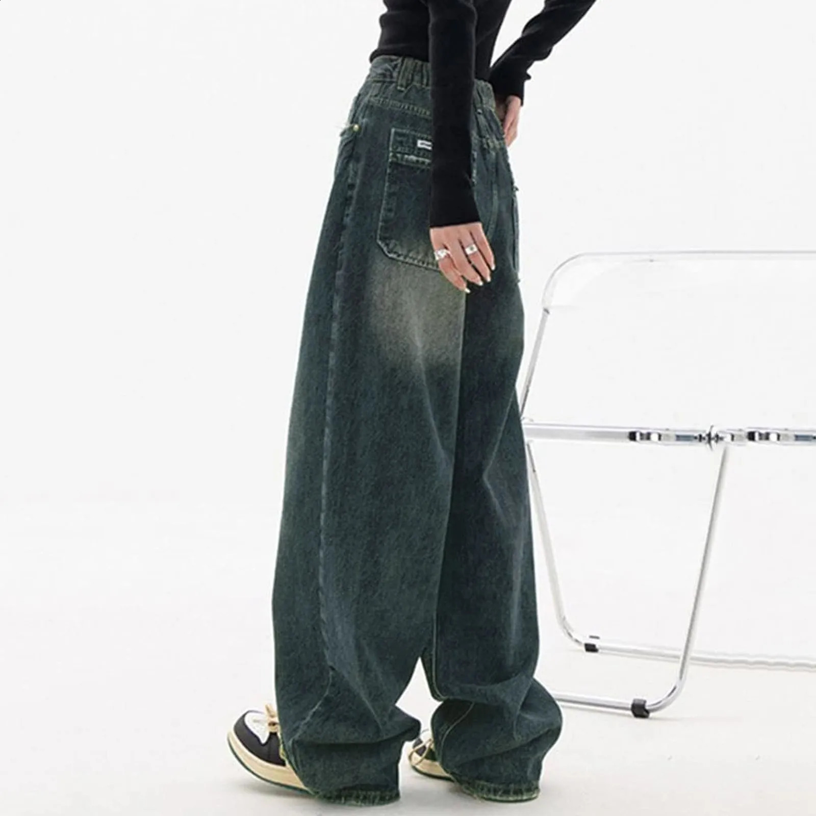 Harajuku Streetwear Retro Fashion Women High Weist Jeans فضفاضة الساق على نطاق واسع على مستقيم سراويل الدنيم Y2K السراويل الفضفاضة 240307