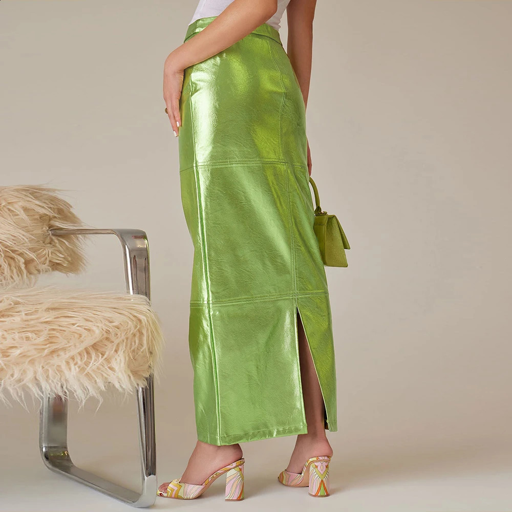 Sexy Sparkly Slit Luxe Lange Rokken Vrouwen Hoge Taille Metallic Groen Slanke Maxi Rok Zomer Elegante Verjaardagsfeestje Kleding 240315