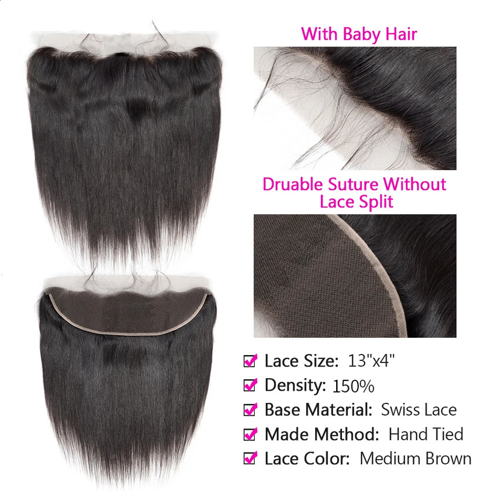 Bondles de cabello humano con paquetes rectos frontales de 13x4 brasileño con tejido de cabello humano frontal 3 paquetes Remy Hair 240407