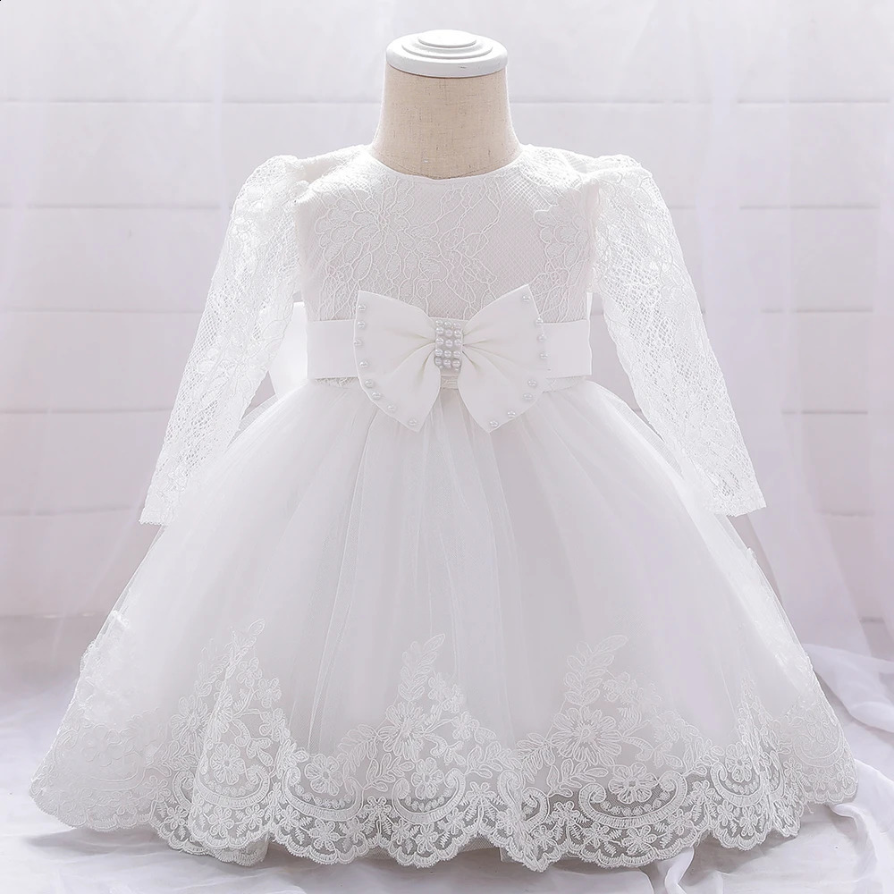 Baby Girls Dress Born Girl Long Sleeve Lace Party Wedding Dresses With Big Bow Infant Girl 1st Birthday Princess Dress 240307
