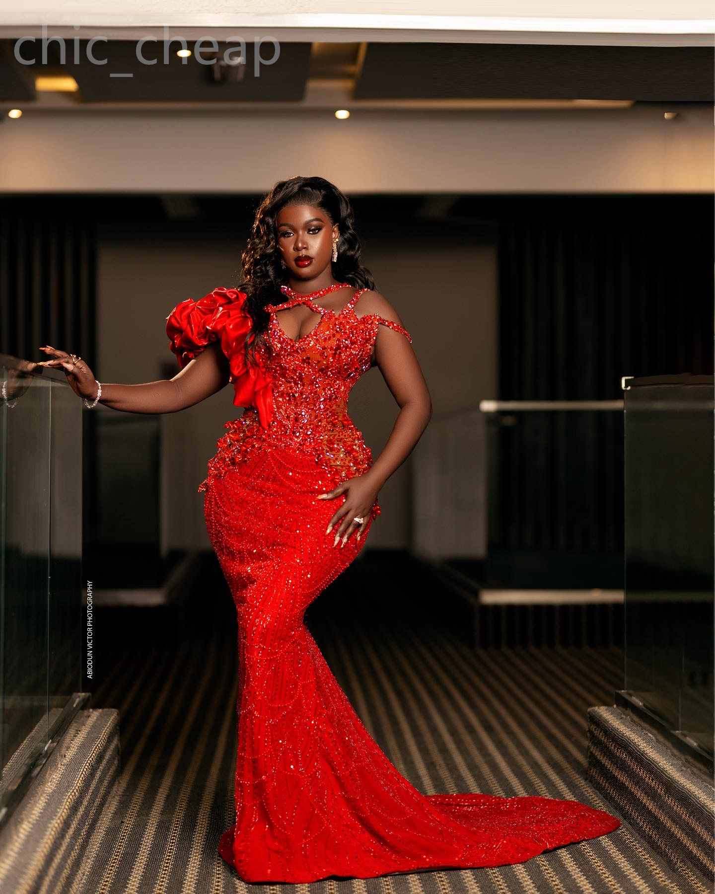 2024 Aso Ebi Red Mermaid Prom Dress kristallen kralen lovertjes Avond Formele feest tweede receptie