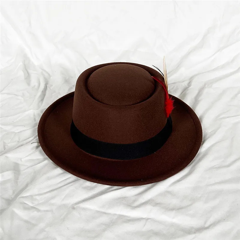 Feather Small Brim Flat Top Hat Men's Felt Hatts Women Fedora Cap Women's Fedoras Men Trilby Party Caps