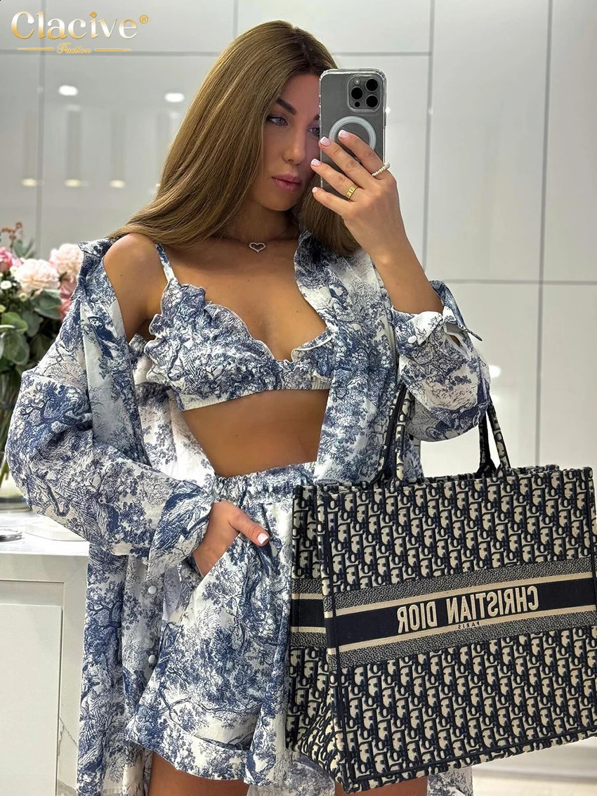 Clacive Fashion Lose Print 3 -Stück Sets Frauen Outfit elegantes Langarm -Hemd BH mit hohen Taillen Shorts Set Streetwear 240313