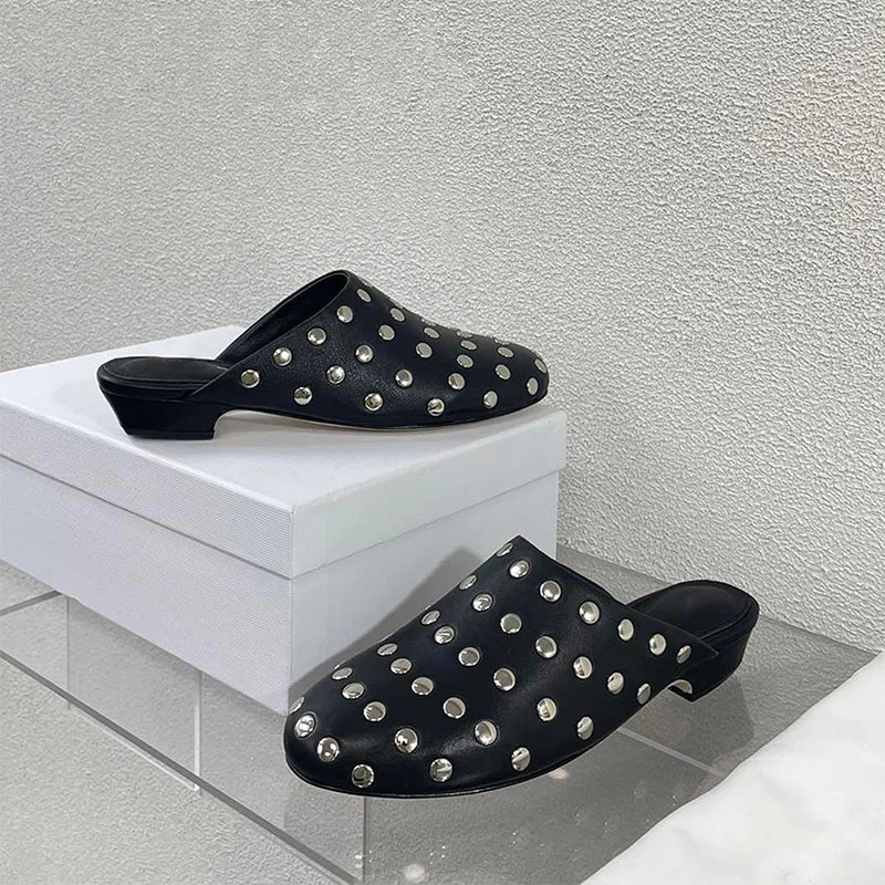 2024 New Metal Rivet Closed Toe Half Slippers Women Punk Real Leather Wedges Mules Women Casual Outside Trendy Slippers Women