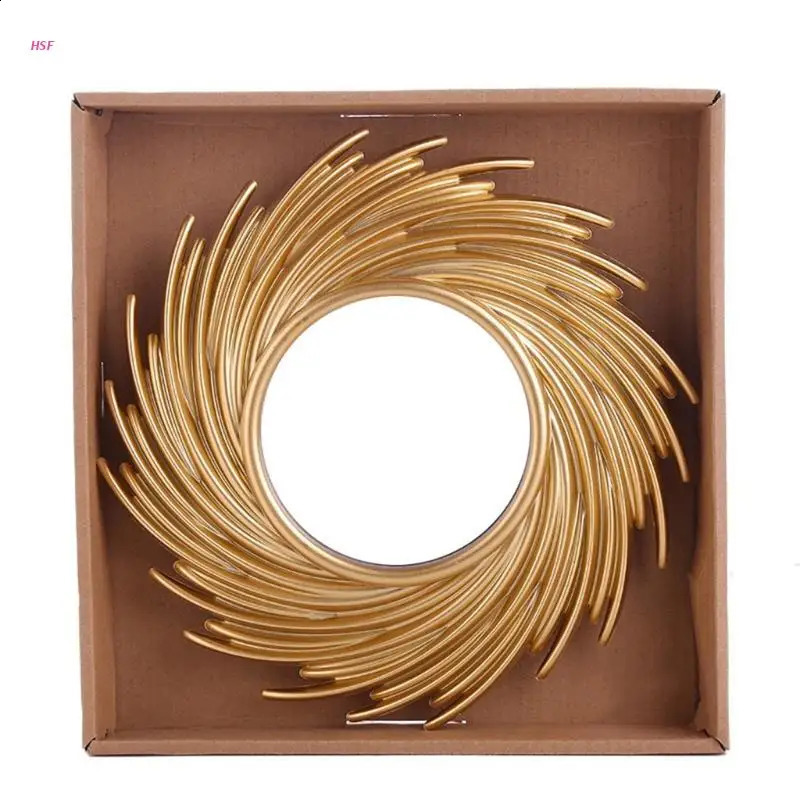 Sun Shape Decorative Mirror Room Background Wall Decorative Mirror Rattan Innovative Art Decoration Round Makeup Mirror 240314