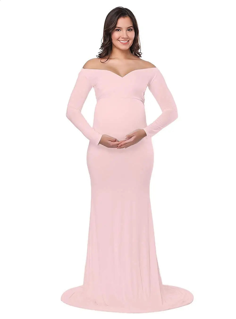Automne maternité élégante robe ajustée enceinte po shoot vêtements à manches longues col en V froncé coupe ajustée Maxi robe 240309