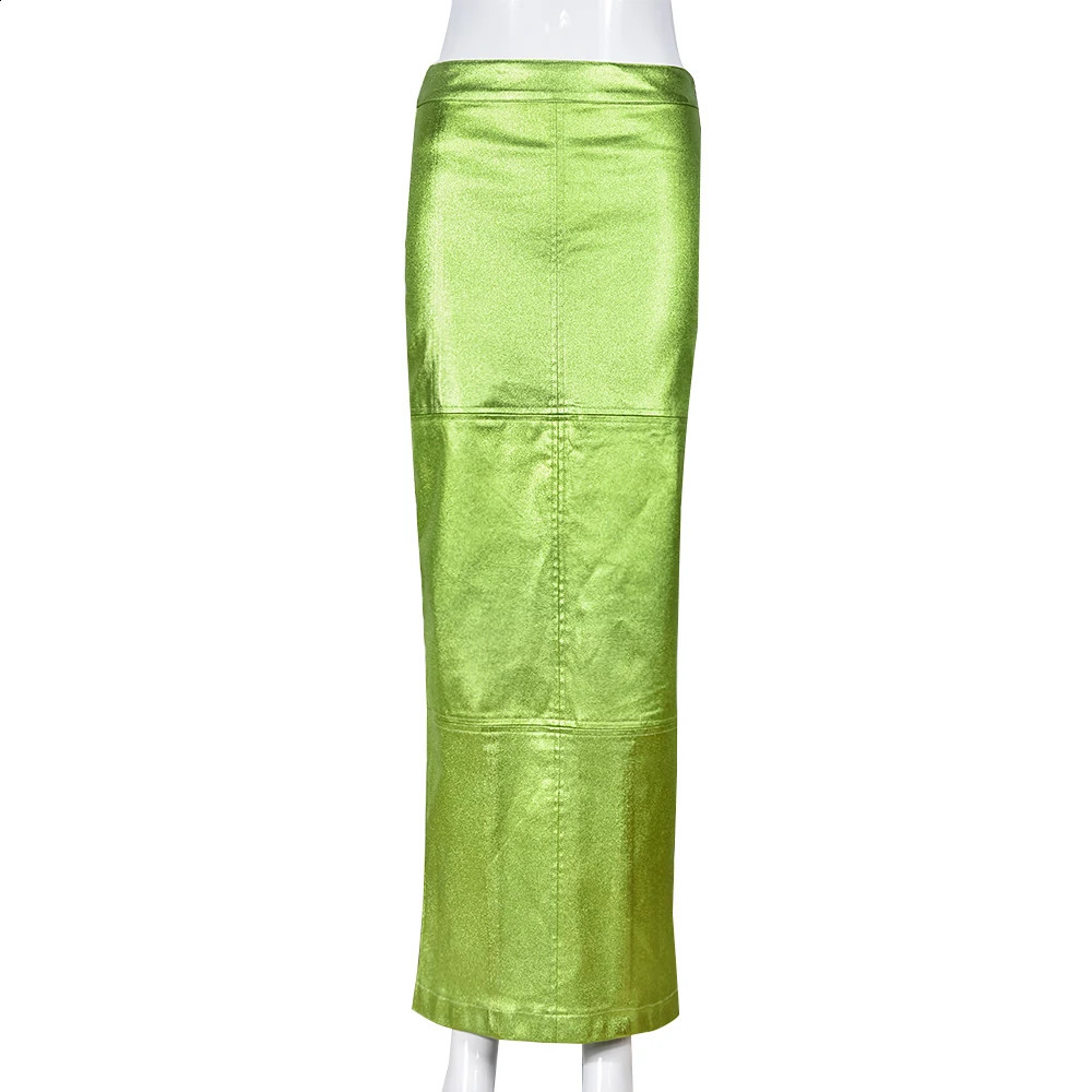 Sexy Sparkly Slit Luxe Lange Rokken Vrouwen Hoge Taille Metallic Groen Slanke Maxi Rok Zomer Elegante Verjaardagsfeestje Kleding 240315