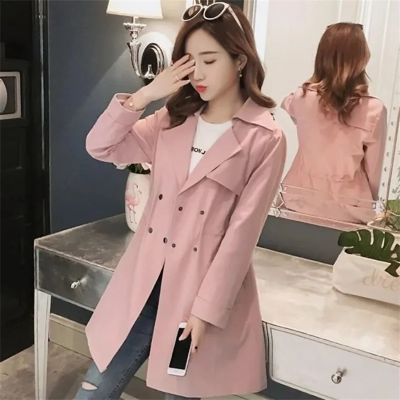 Women Trench Coat Autumn Lapel Double Breasted Windbreak Light Weight Casual Female Long Ladies Coats Outwear 240309