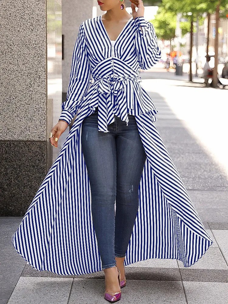 Modna Kobiet Stripe Bluzka z długimi rękawami w szpic maxi sukienka Tunik Maksi Sukienka Casual Tops Business Office damska sukienka 240314