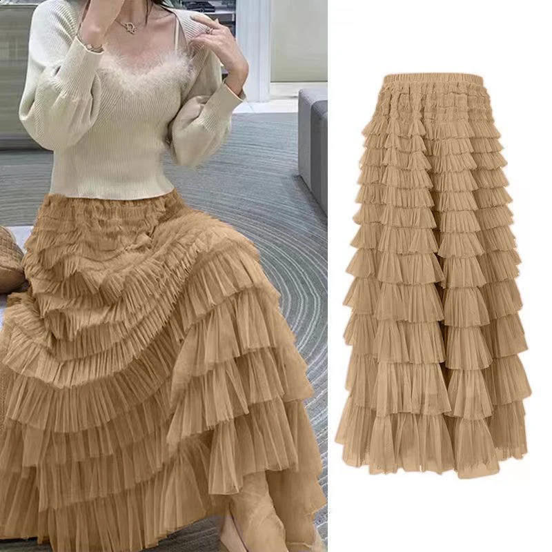 Summer Spring Women's Multilayer Ruffles Tulle kjol Pleated High midjan fluffig maxi kjol fairy cake klänning lång tutu fest kjol 240328