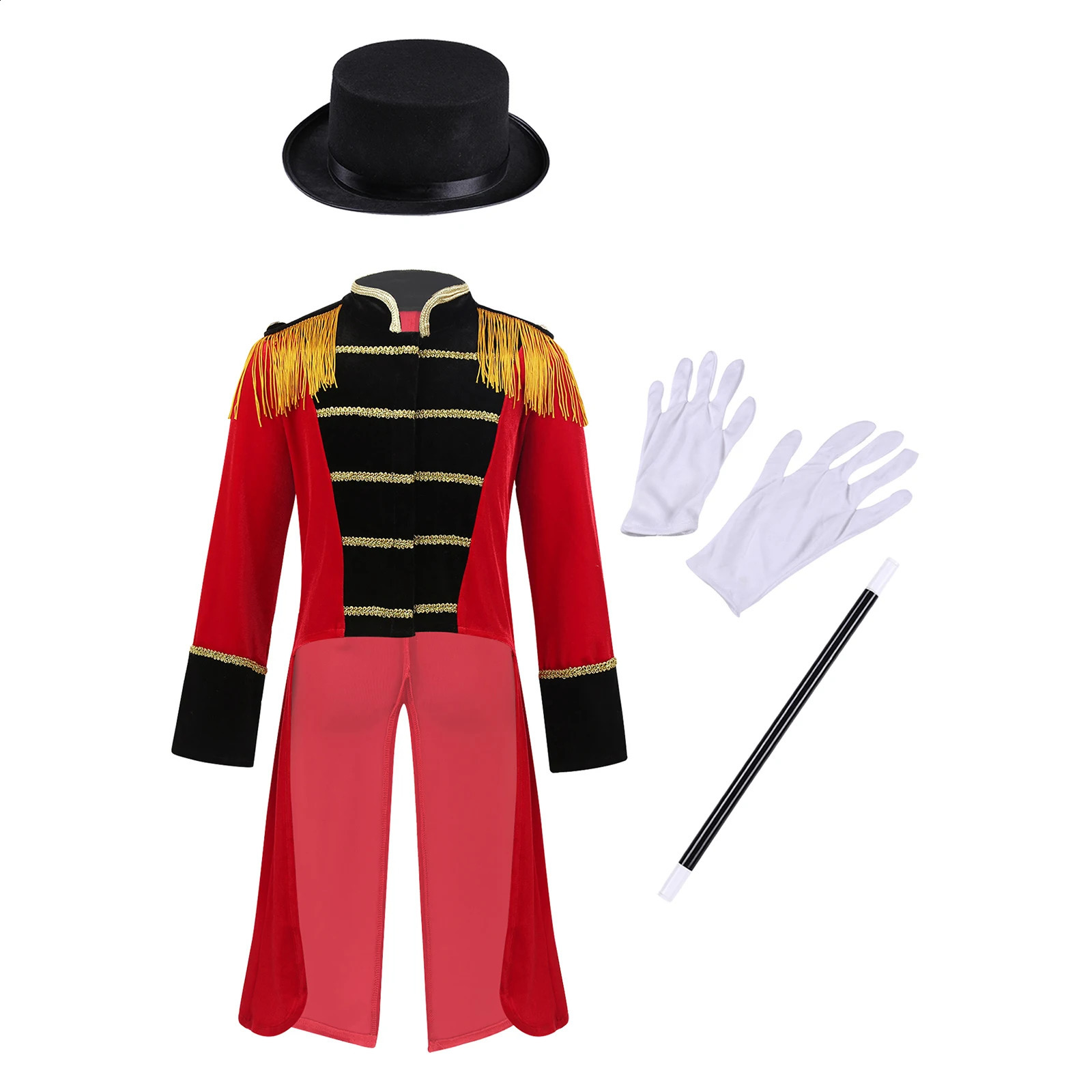 Kids Boys Circus Ringmaster Costume Halloween Theme Party Cosplay Long Sleeve Fringes Trim Tailcoat with Hat Magic Wand Gloves 240306