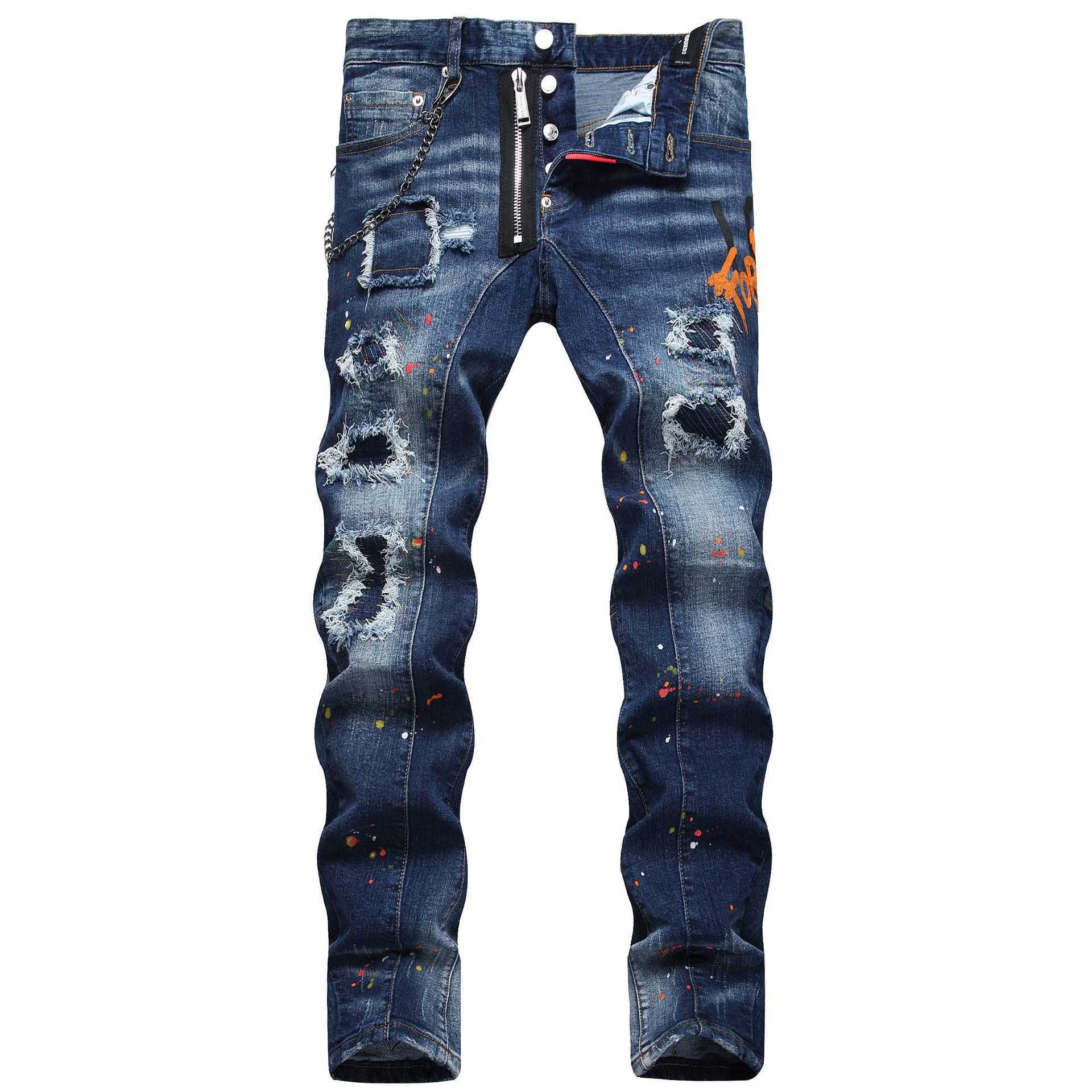 Jeans da uomo firmati Marchio alla moda Toppe in difficoltà Linee colorate disordinate Stampate Piccolo tubo dritto Vita media High Street Casual e alla moda uomo