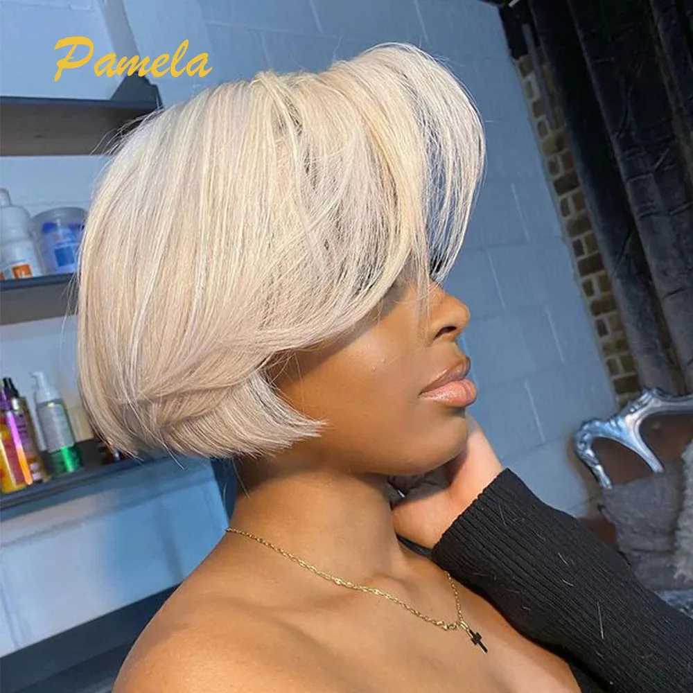 Synthetic Wigs Pixie Cut Wig Brazilian 613 blonde Straight Side Part Wig 13x4 Short Bob HD Transparent Lace Front Human Hair Wig For Women 240329