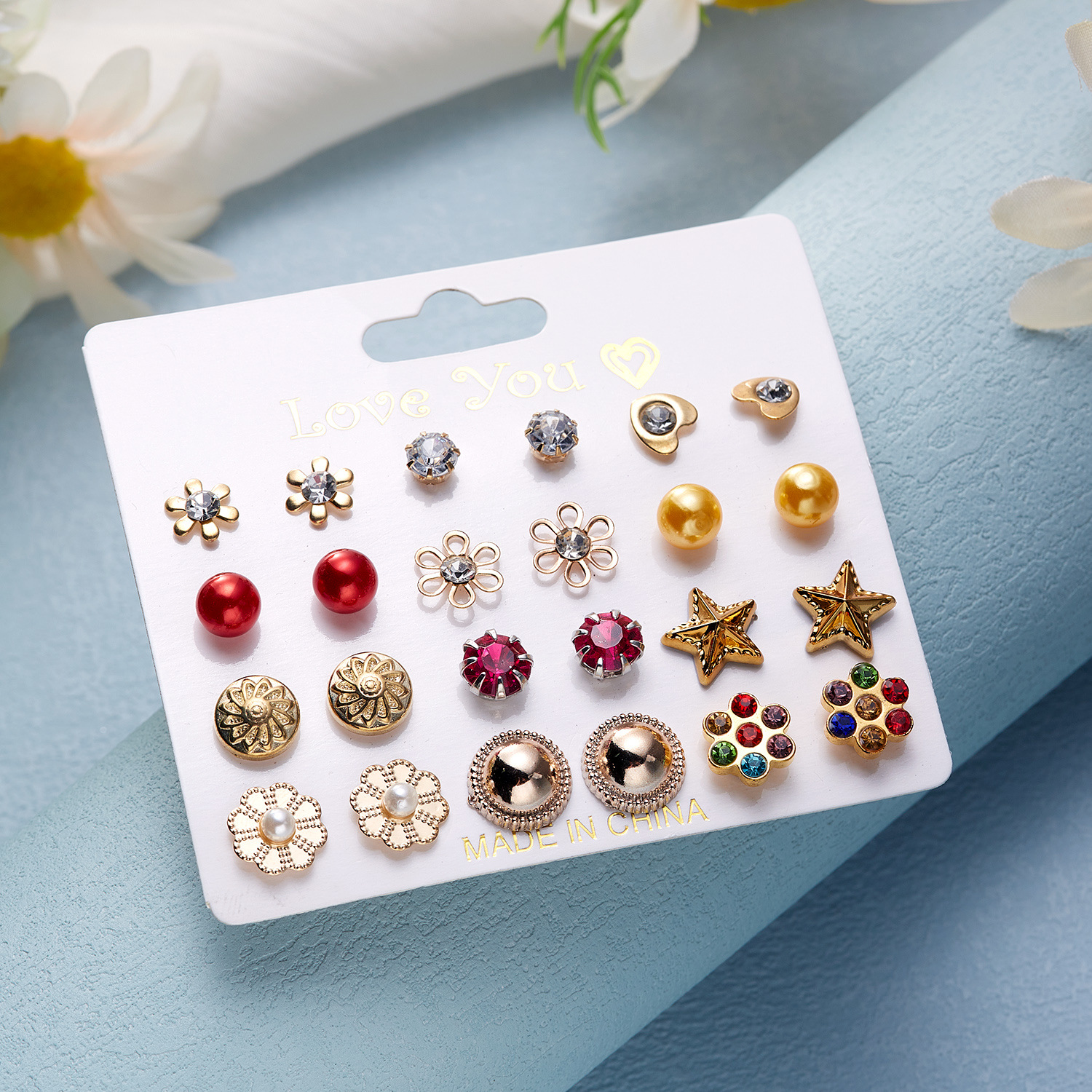 Cross -border hot -selling European and American of flowers imitation pearl balls inlaid diamond combination earrings