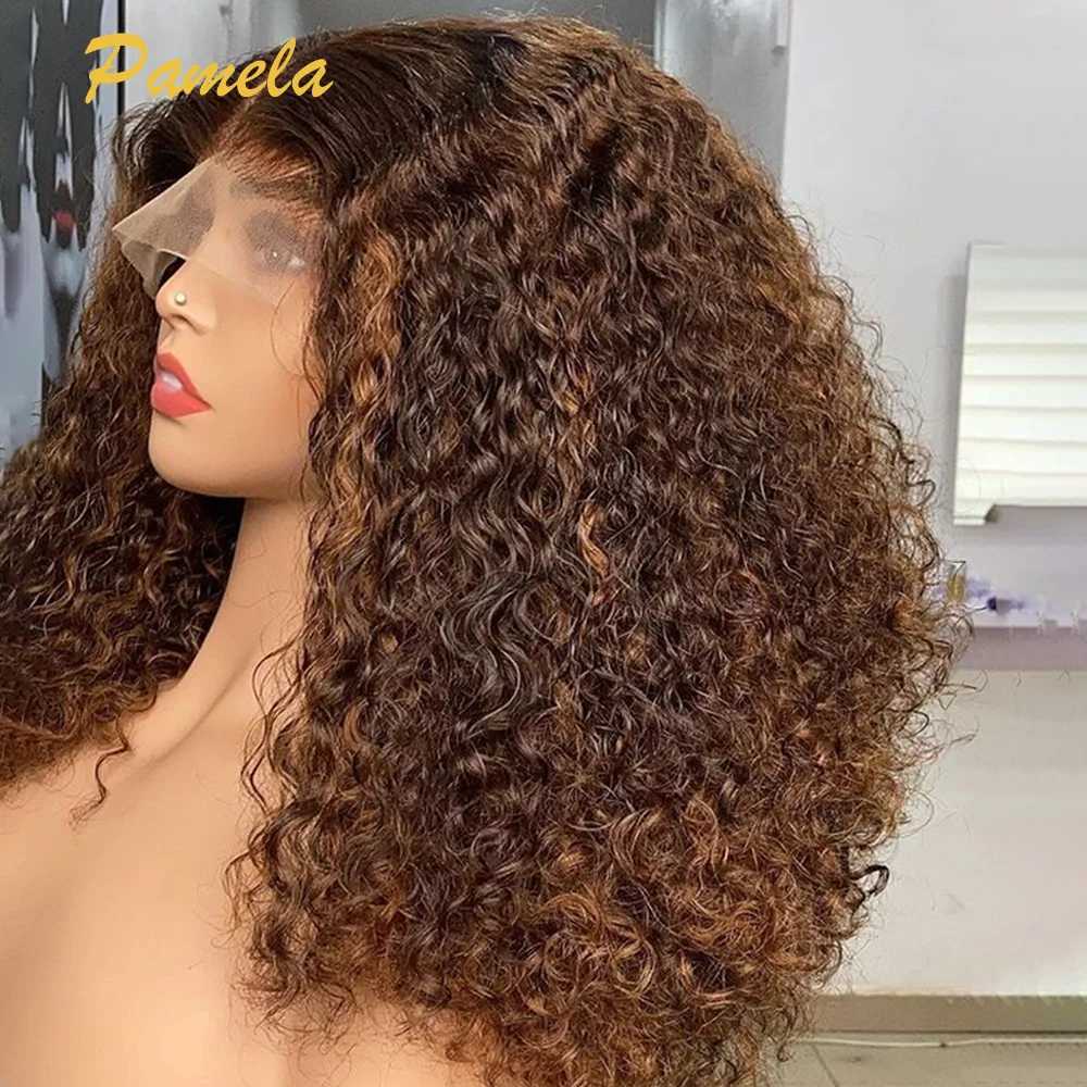 合成ウィッグハイライトブロンド13x6巻き毛のトランコレットレースフロントウィッグ女性250％密度密度curly人間の髪の毛む