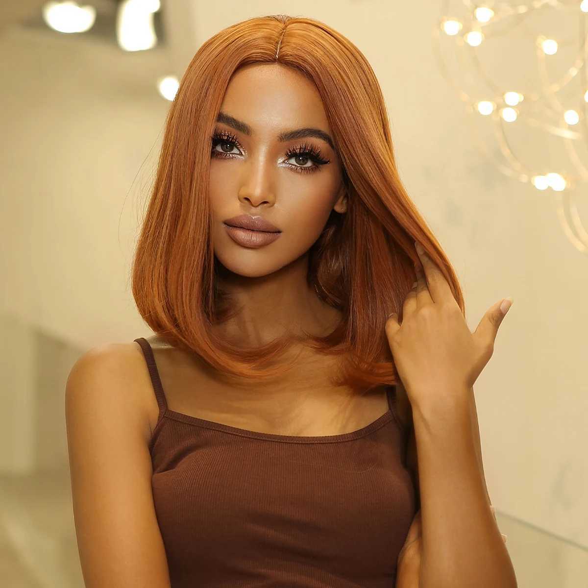 Syntetiska peruker Korta rak Bob Wig Red Brown Copper Ginger Syntetiska peruker för kvinnor afro cosplay naturlig hår Middle del Wig Heat Motentant 240328 240327